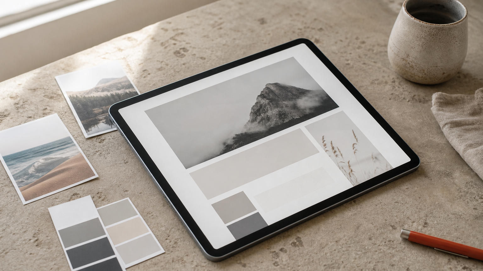 Tablet showing a landing page template surrounded by stock photo thumbnails and font sample cards.