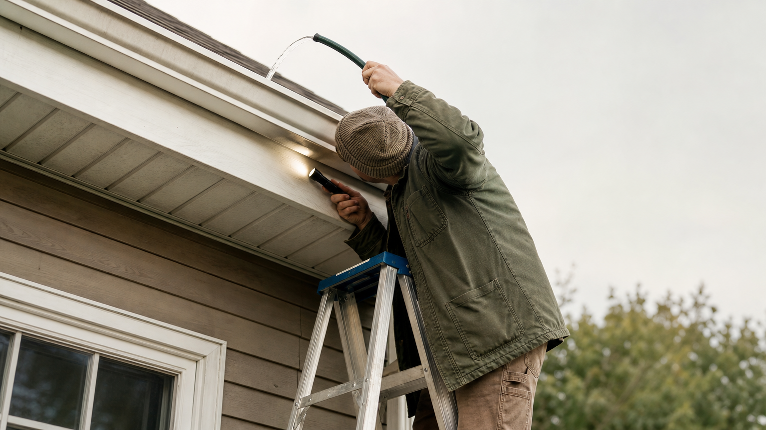 A person tests a gutter seam for leaks by trickling hose water while inspecting from underneath with a flashlight.