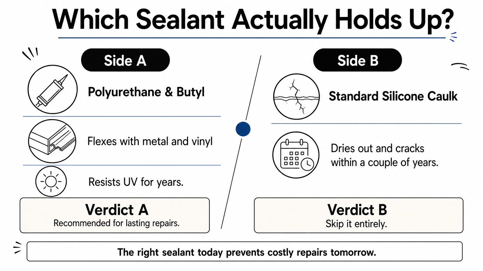 Comparison graphic showing polyurethane and butyl sealant versus standard silicone caulk for gutter seams.