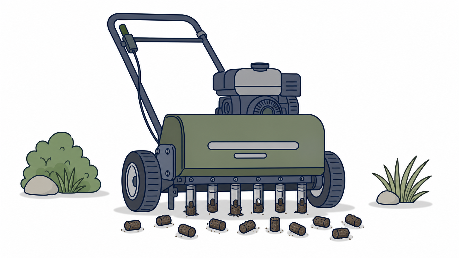 A core aeration machine pulling soil plugs from a compacted clay lawn.