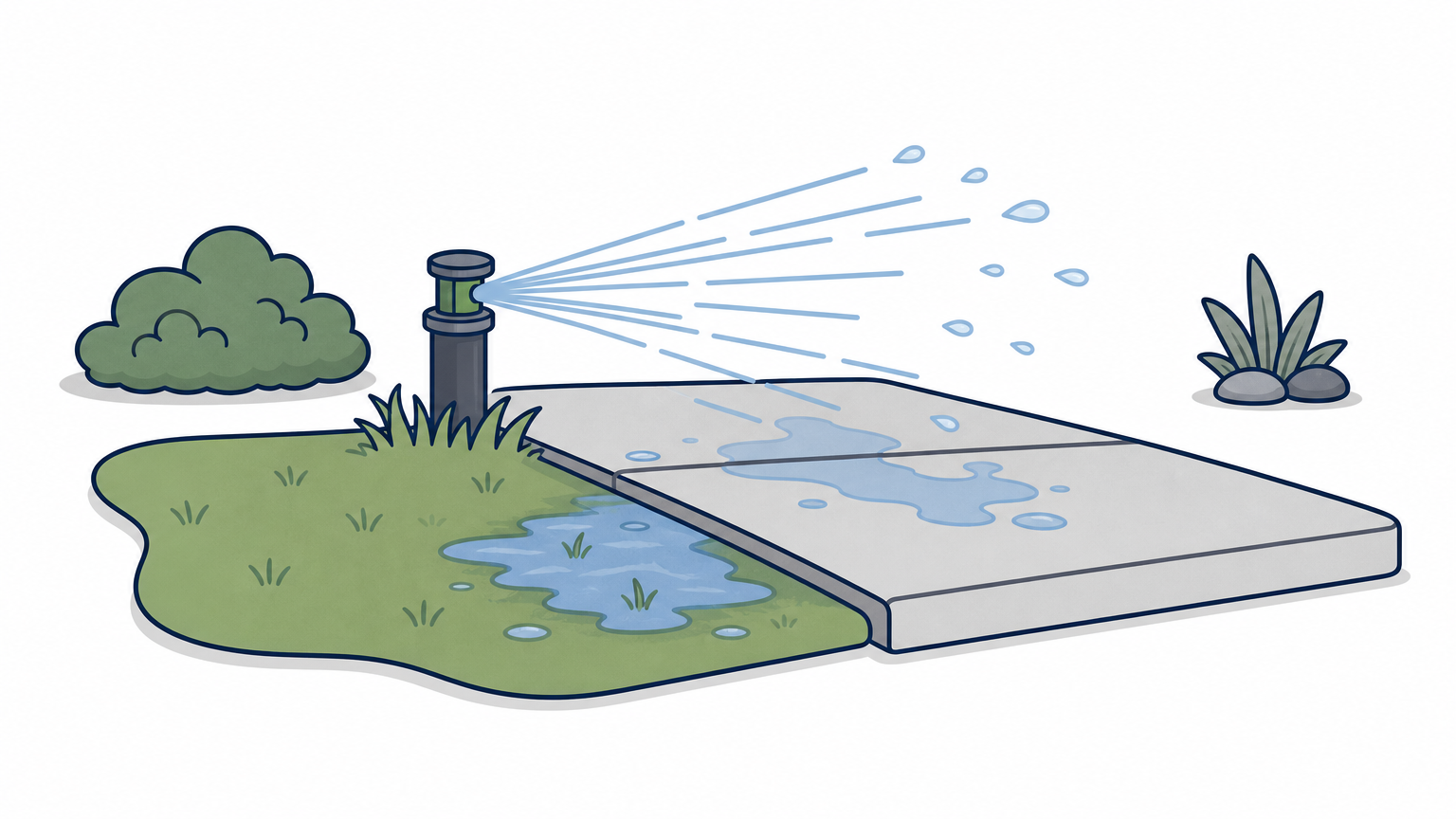 A sprinkler head sprays water sideways onto a sidewalk next to a soggy lawn patch.