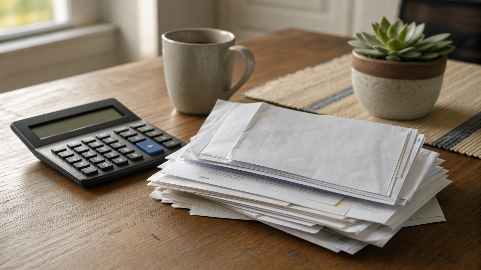A pile of credit card statements and a calculator sit on a kitchen table.
