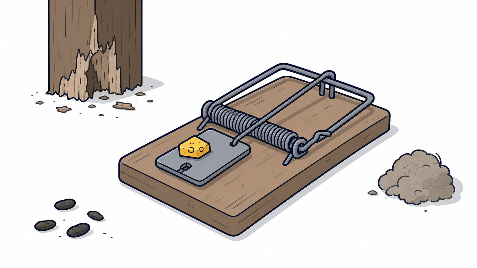 A snap trap sits untouched in a dusty attic corner near a chewed wooden beam.