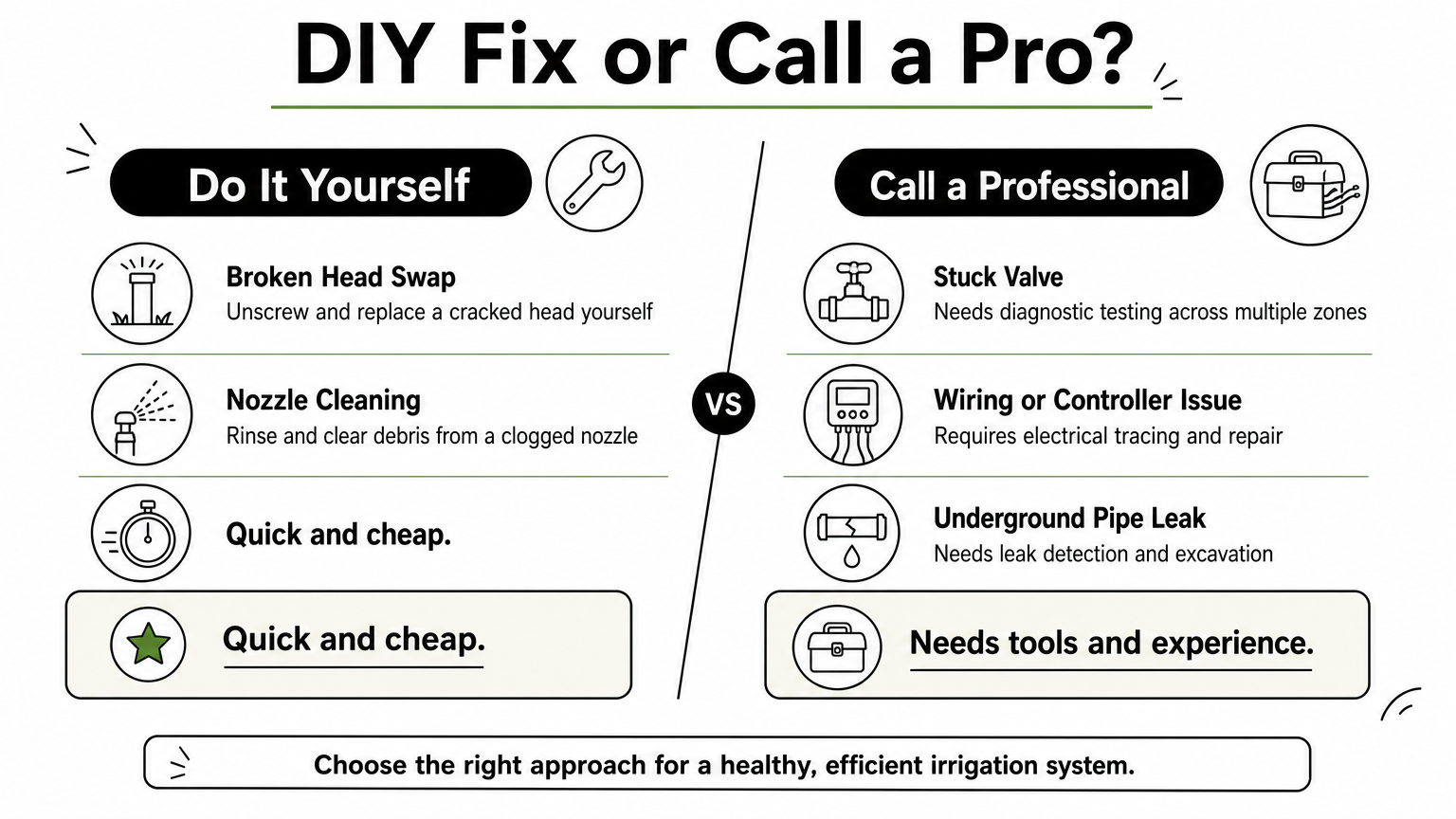 Comparison graphic showing DIY sprinkler fixes versus problems that require a professional technician.
