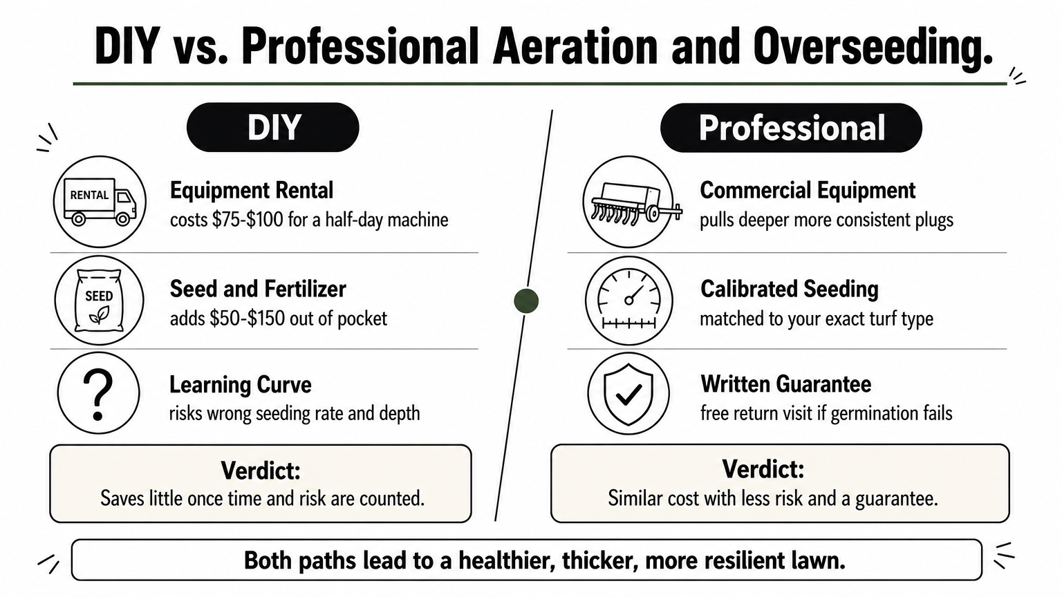 Comparison chart contrasting DIY aeration and overseeding costs and risks against professional service benefits.