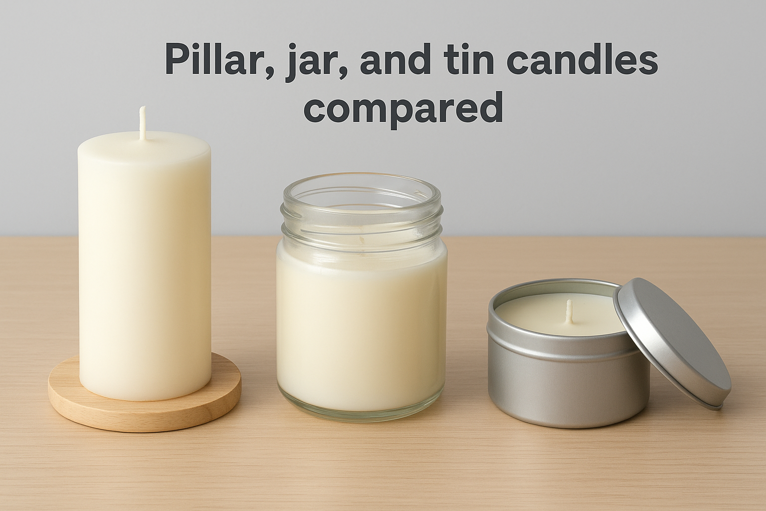 Pillar, jar, and tin candles compared