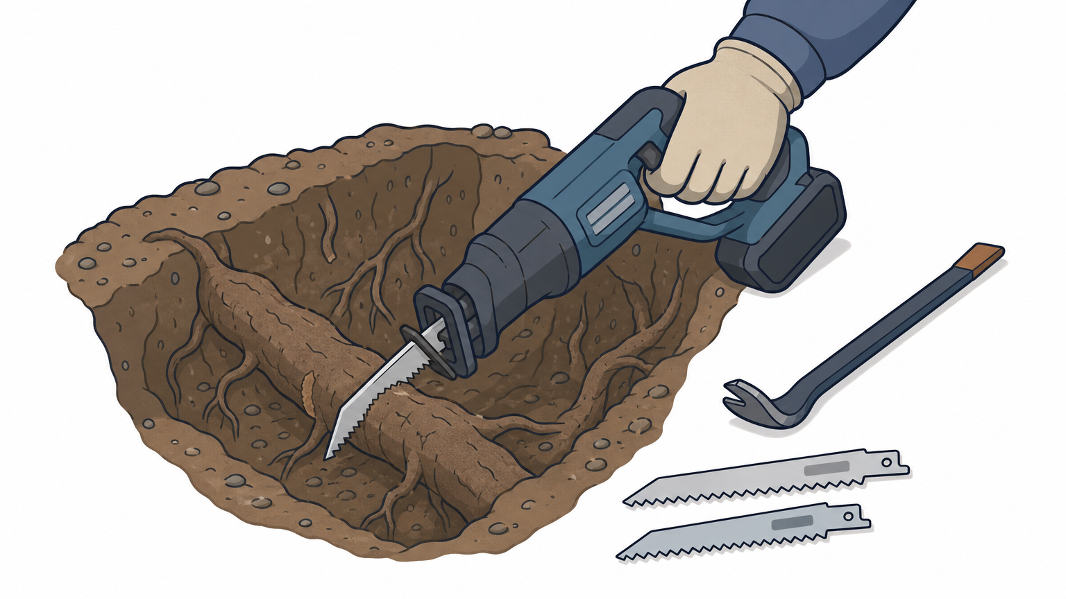 A gloved hand cuts a thick tree root with a reciprocating saw inside a dug trench.