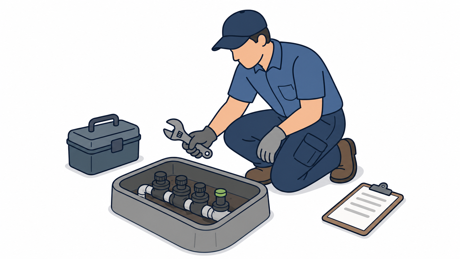 A technician kneels beside an open sprinkler valve box holding a wrench and a clipboard.