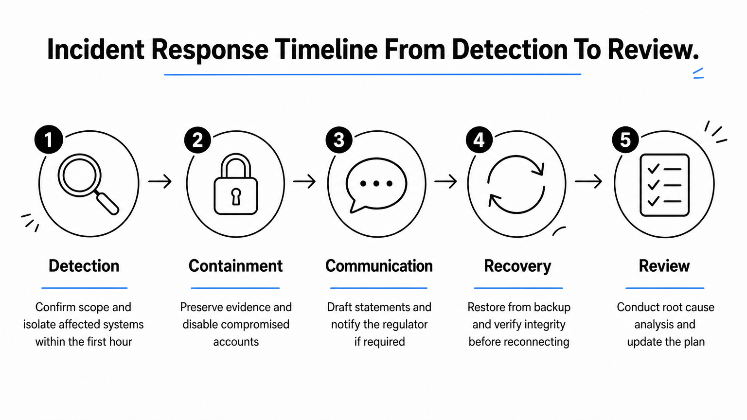 Process infographic showing five sequential stages of an incident response timeline from detection to review.