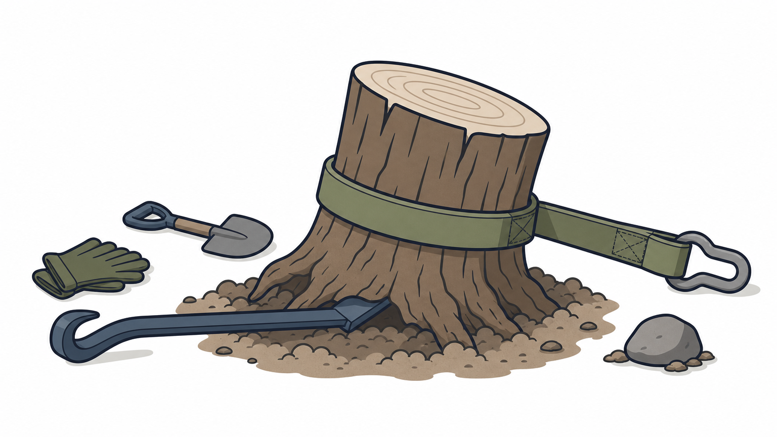 A tree stump tilts out of the ground with a pry bar and tow strap around its base.