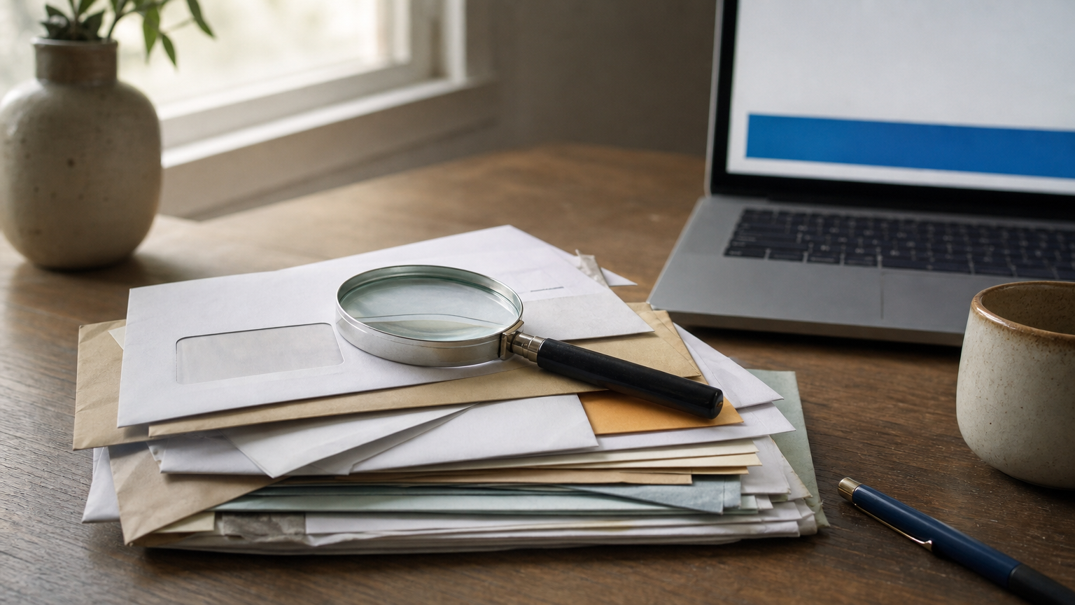 A magnifying glass examines an official-looking envelope beside a laptop displaying an ad.