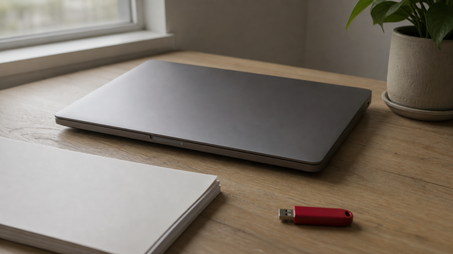 A locked laptop, a printed guidance document, and a labelled USB drive arranged on a desk.