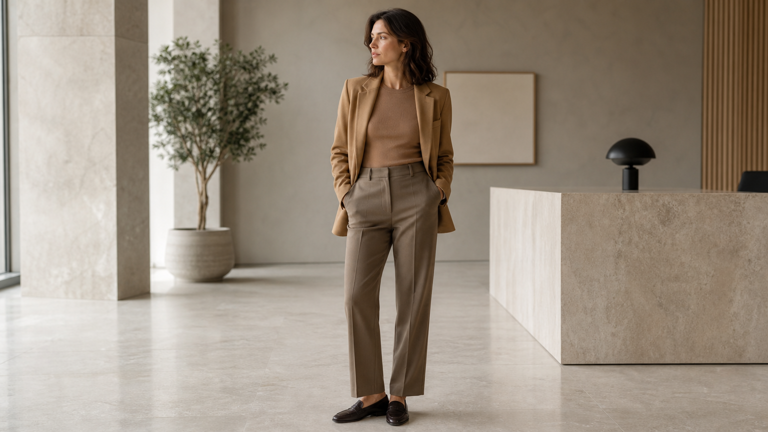 A woman poses in a camel blazer, fitted top, tailored trousers, and loafers in an office lobby.