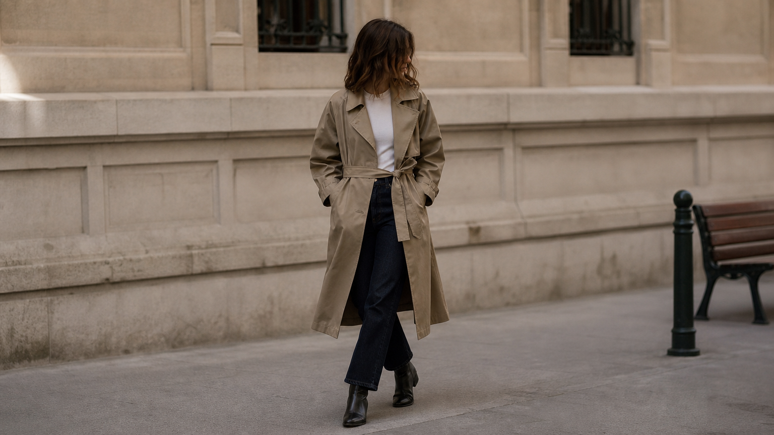 A woman walks a city sidewalk wearing a belted trench coat over a tee and jeans.