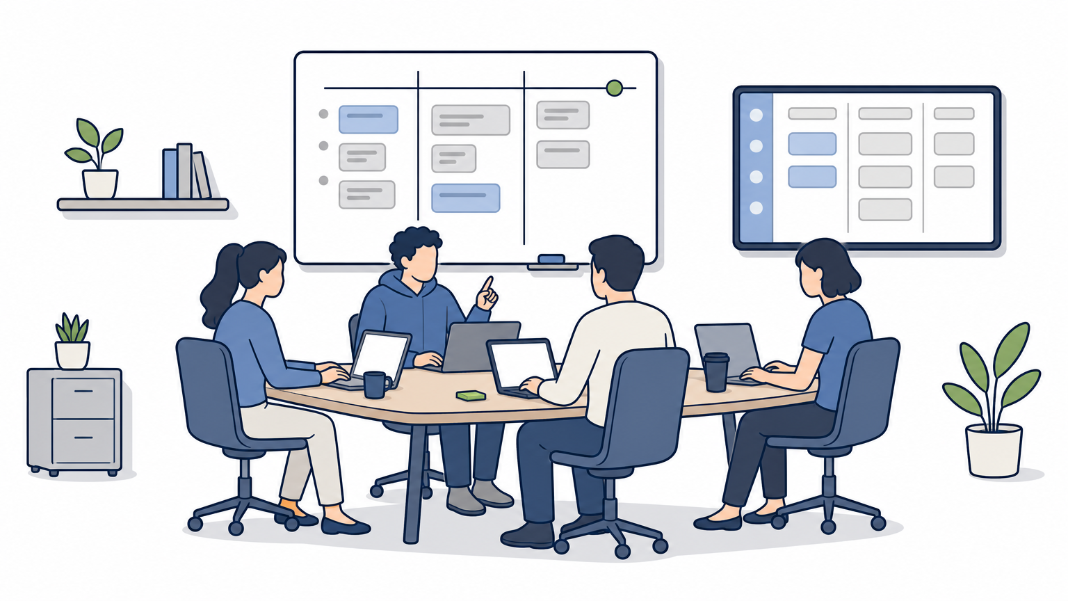 A team of engineers working together at laptops near a whiteboard and project monitor.