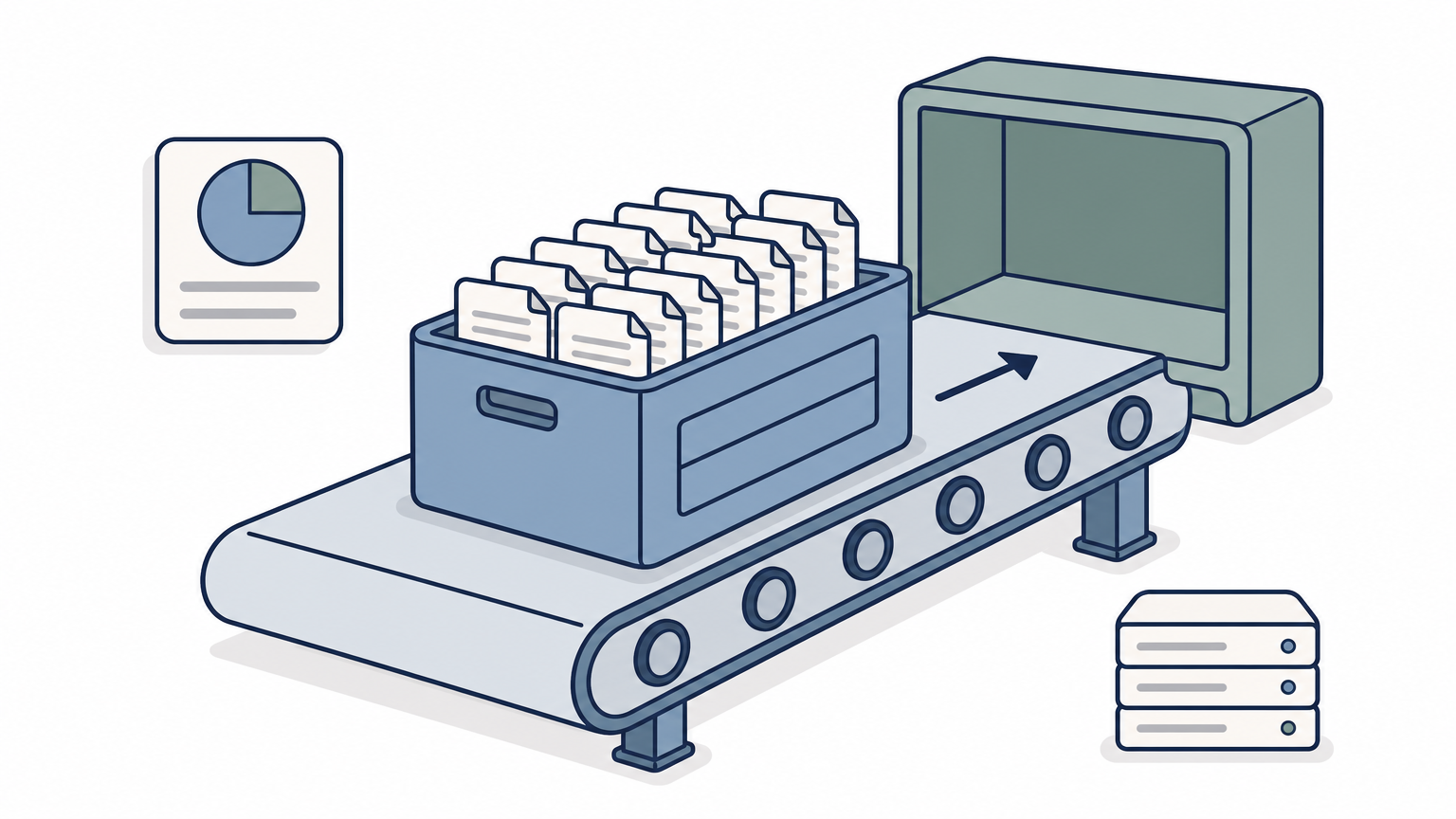 A conveyor belt moving a large crate of records together toward a storage bin.