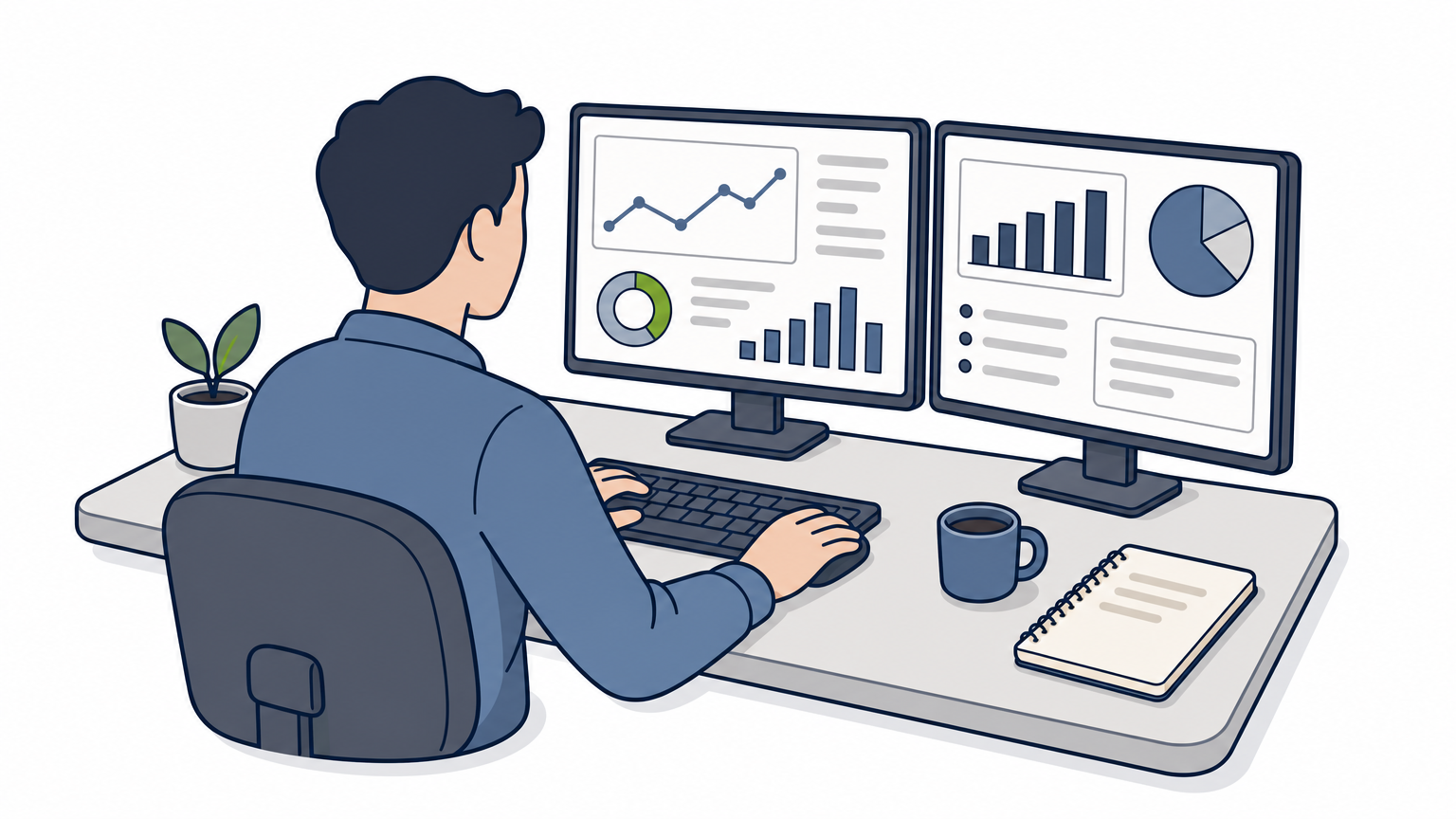 A developer sitting at a desk with dual monitors showing dashboard charts.