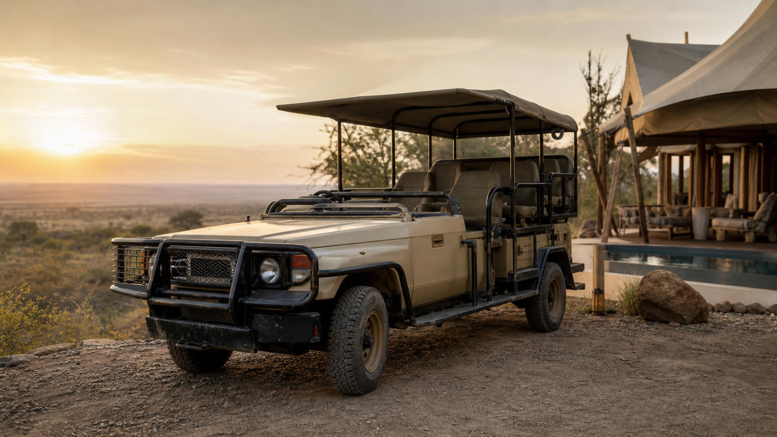 A private safari vehicle beside a luxury tented camp with a plunge pool overlooking the savanna.