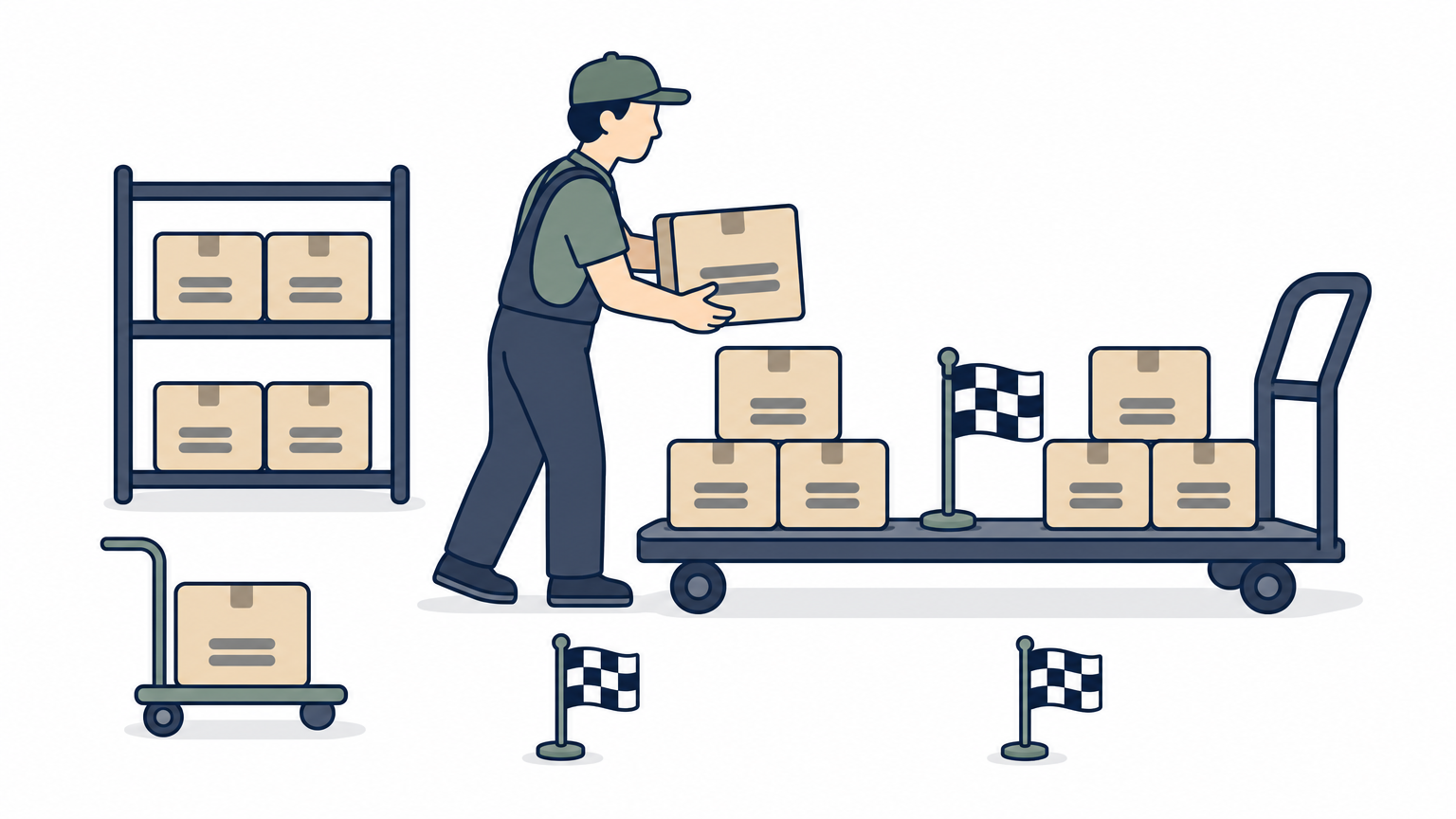 A worker stacking boxes onto a cart in small groups marked by checkpoint flags.