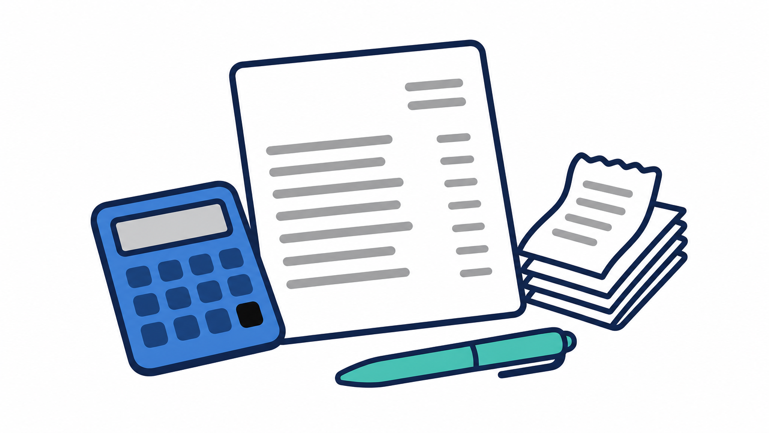 A calculator and printed transaction statement sit on a desk with a pen and receipts.