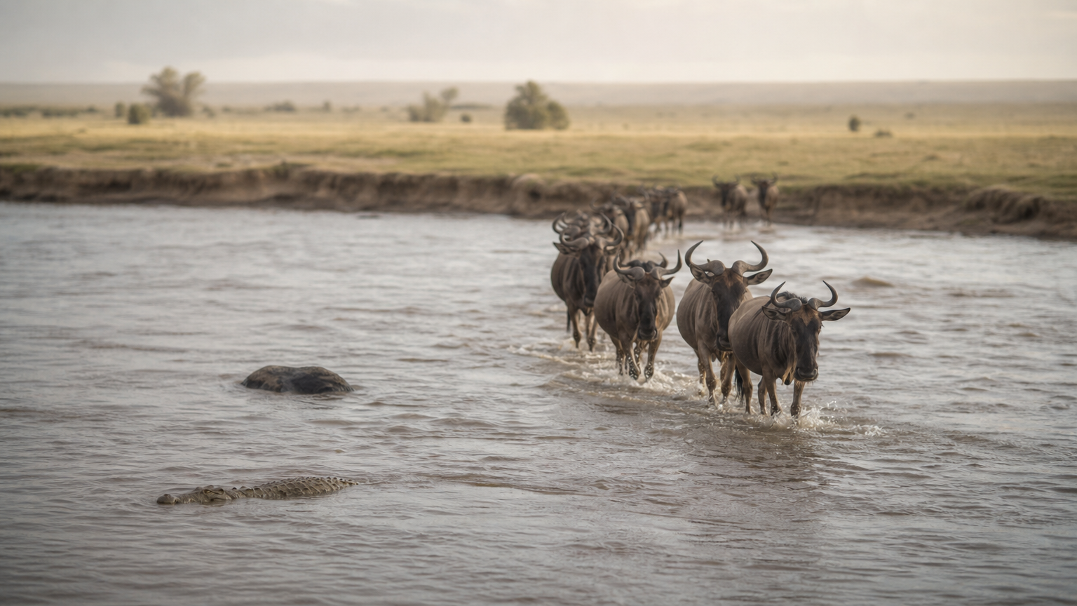 Wildebeest crossing a wide river during the migration season with grassland in the background.