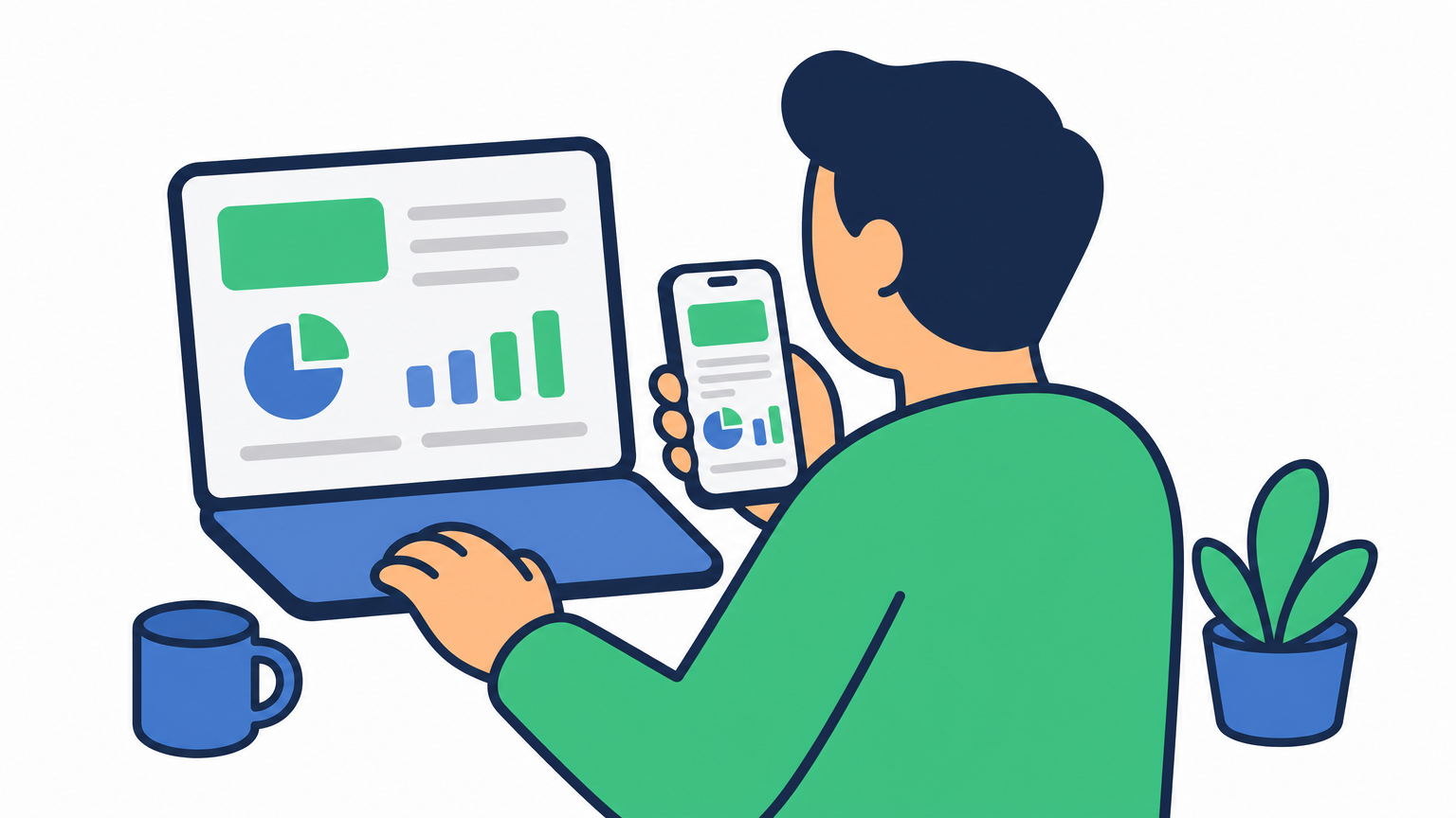 A business owner reviews two payment gateway dashboards on a laptop and a smartphone side by side.