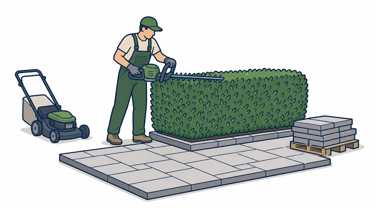 A landscaper trims a hedge next to a newly installed paved patio with a mower nearby.