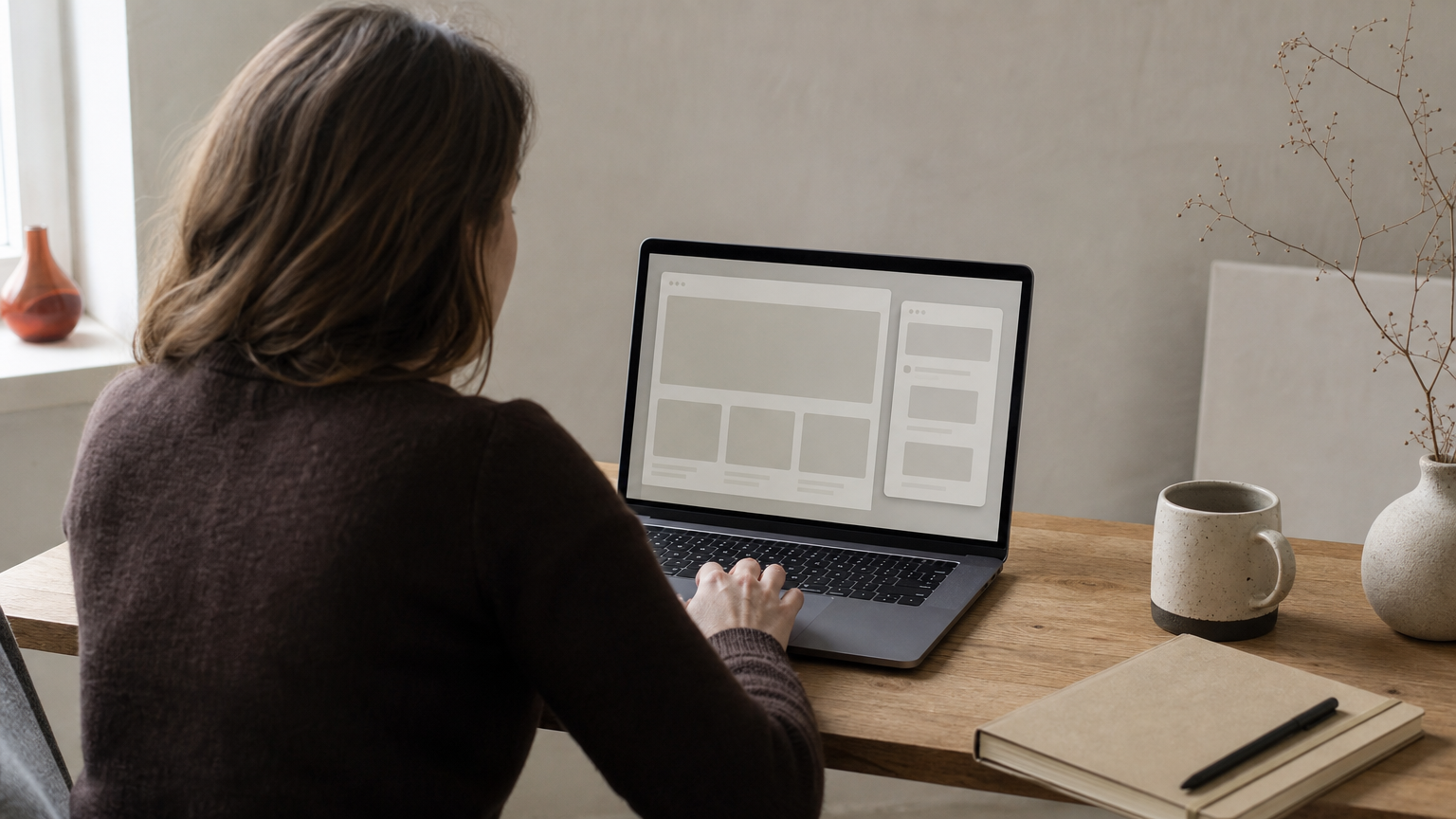 A designer watches a webpage layout being generated automatically next to an open chat prompt box.
