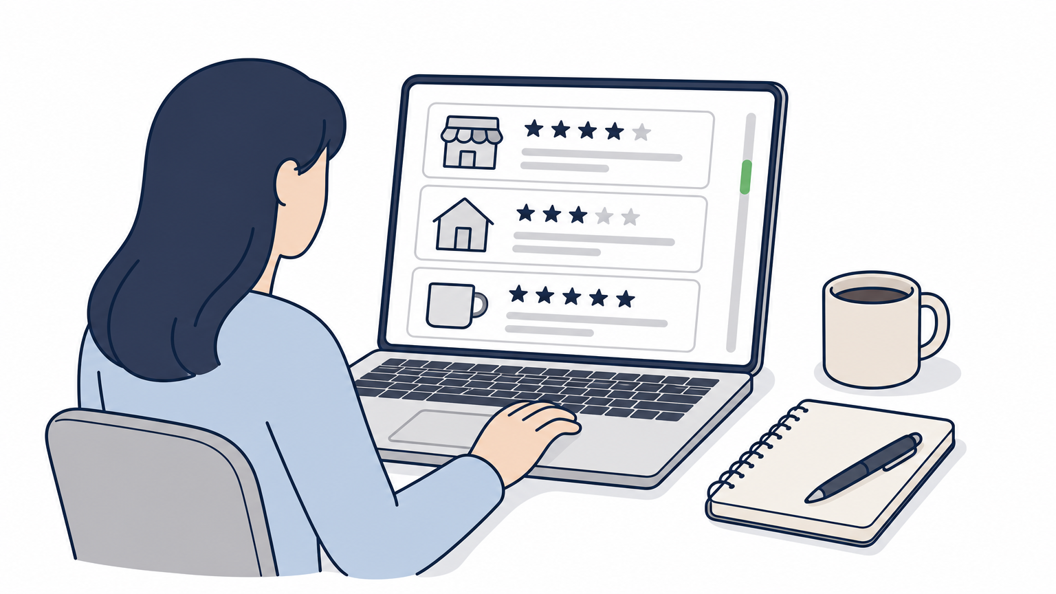 A person reviews star-rated lawn care business listings on a laptop at a desk.