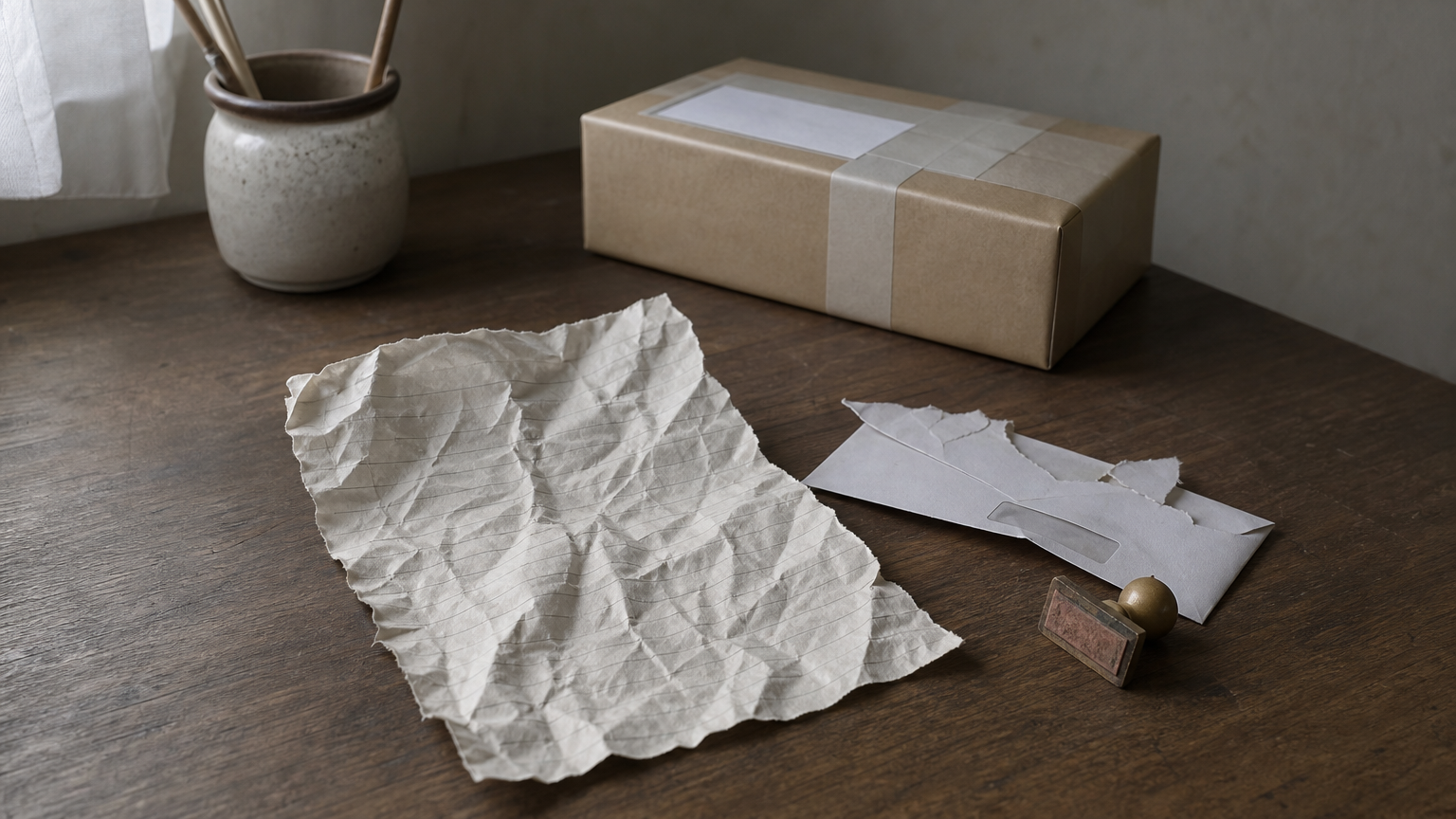 A crumpled handwritten letter and torn envelope sit on a desk representing a rejected legal notice.