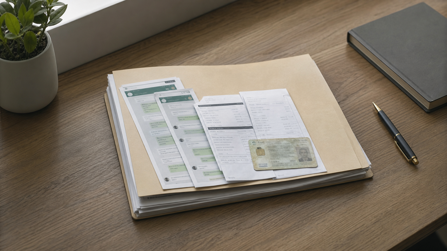 Documents, receipts, and an ID card are organized on a desk to prepare evidence for a legal case.