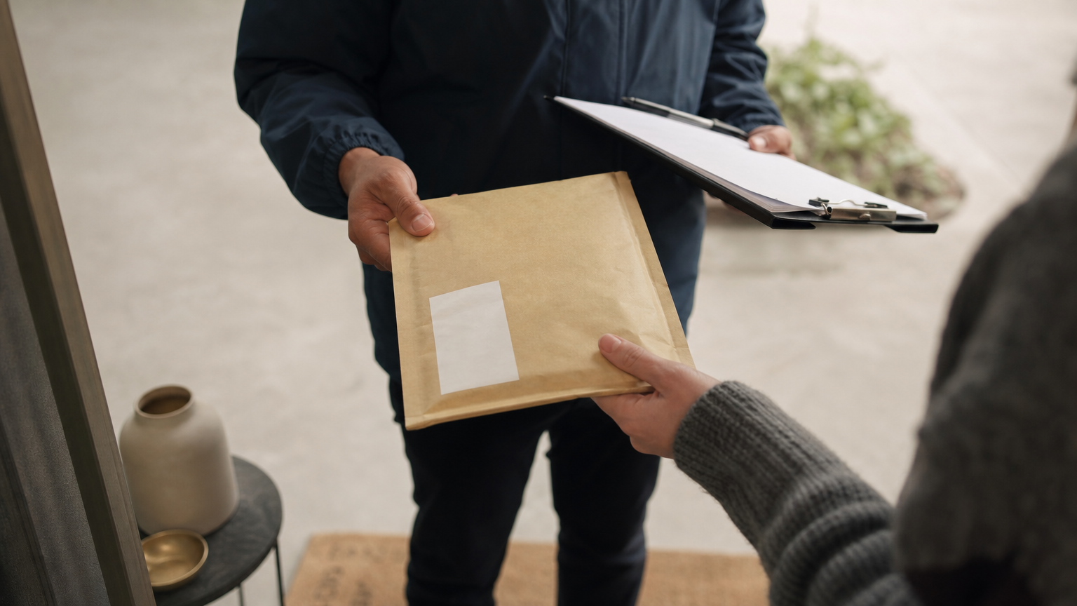 A courier delivers a sealed tracked envelope to a recipient who signs a delivery slip at the door.
