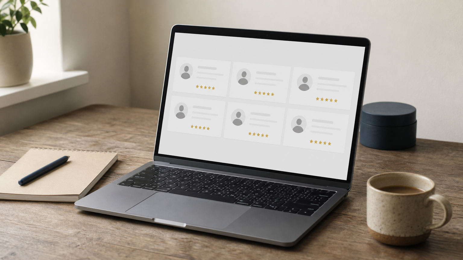 Laptop displaying multiple tutor profile cards on a desk with a notebook and coffee cup.