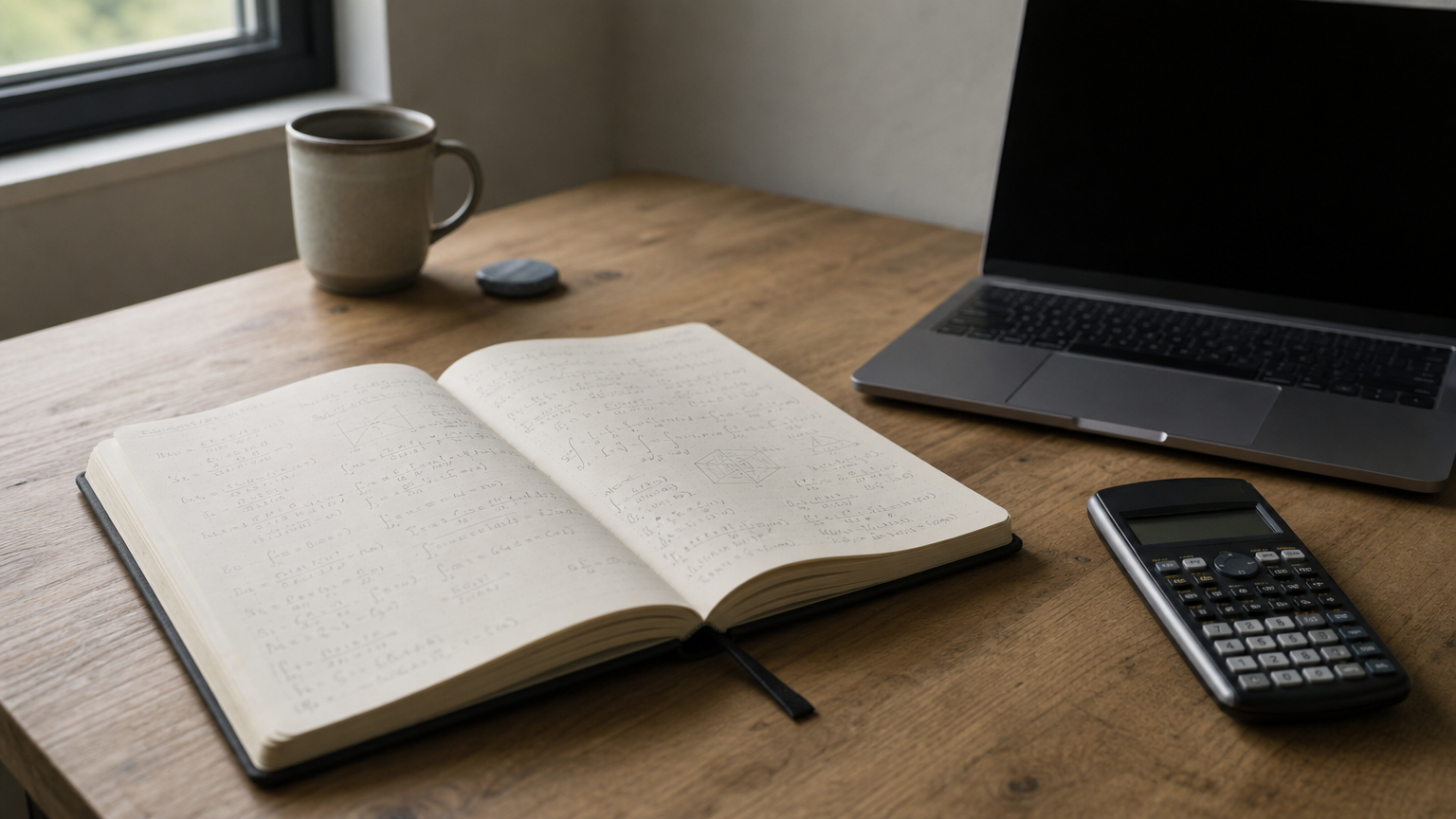 Notebook with handwritten equations beside a laptop showing code and a calculator on a desk.