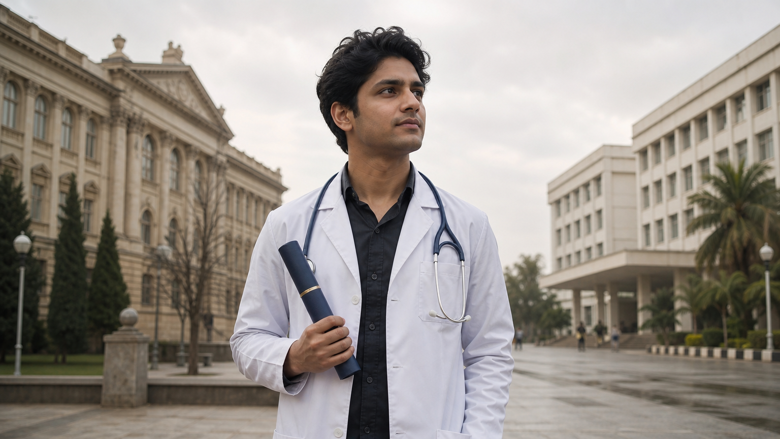 A medical graduate stands between a Russian university and an Indian hospital holding a diploma and stethoscope.