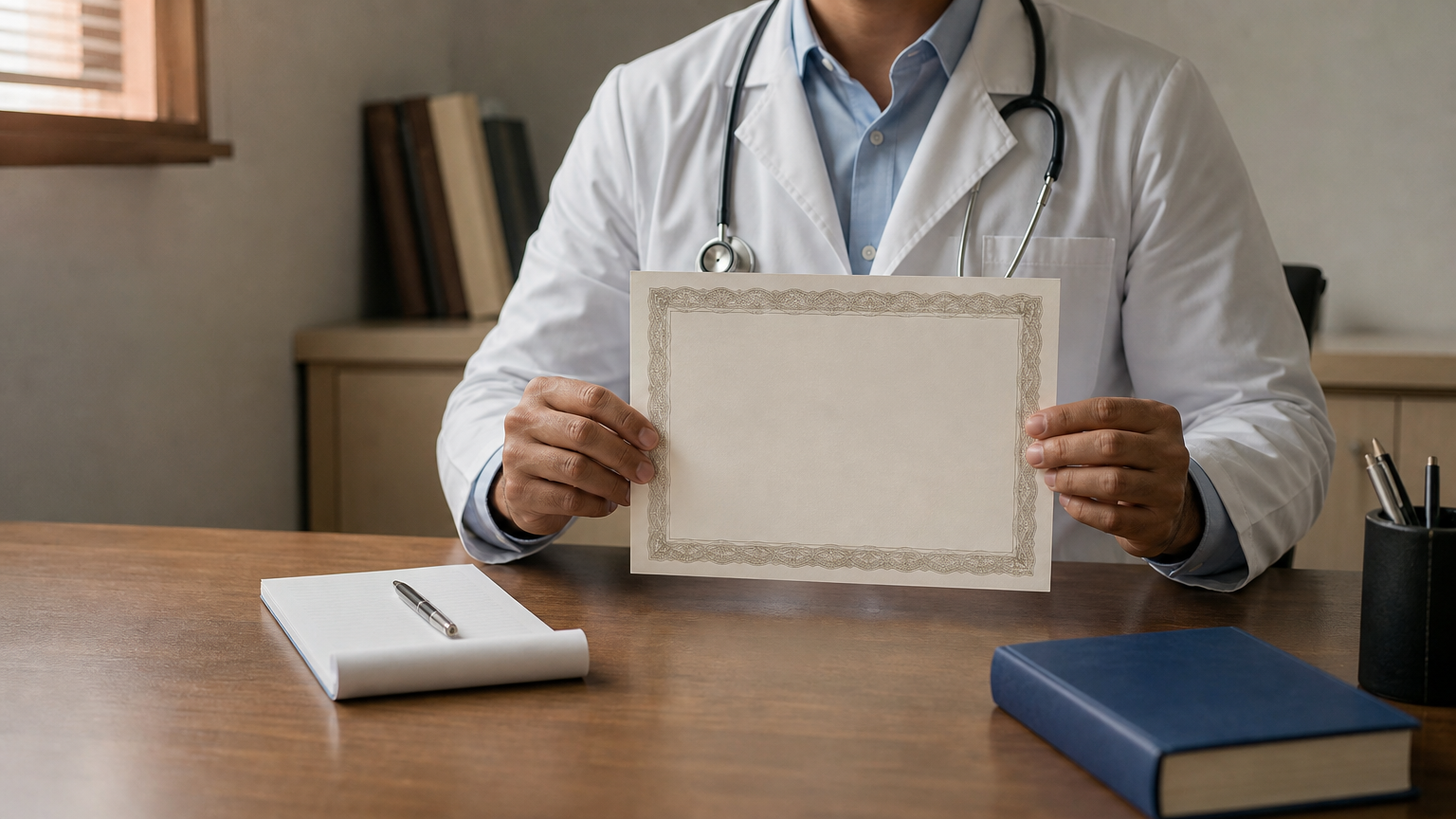 A newly licensed doctor holds a registration certificate at a medical council office desk.