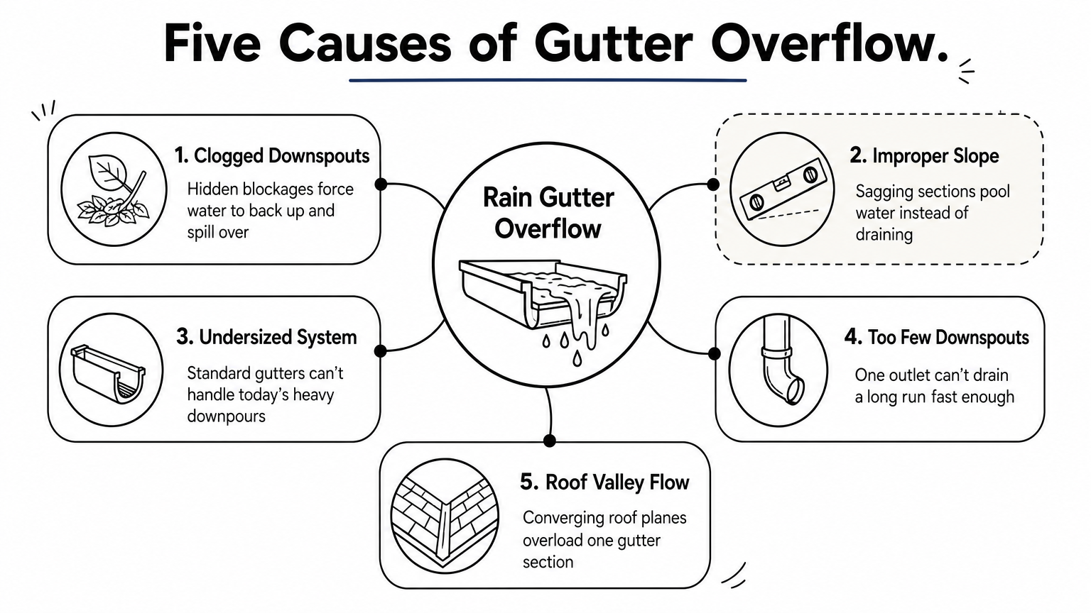Hub diagram showing five causes of gutter overflow branching from a central gutter icon.