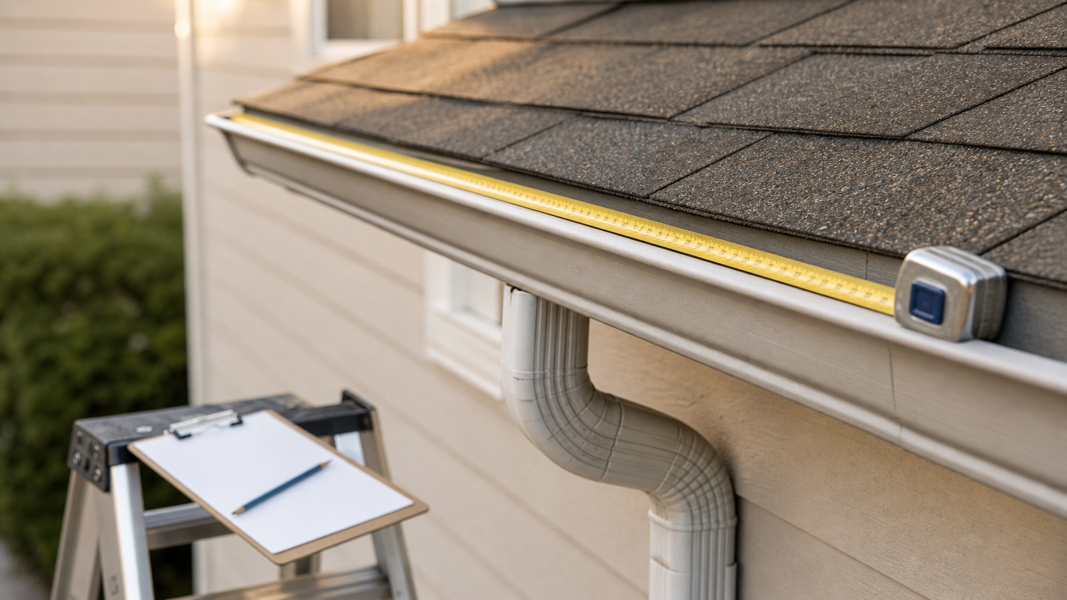 Tape measure along a roof edge next to a gutter and downspout for sizing calculations.