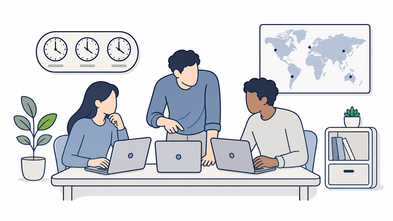 Engineers working together at laptops in an office with a world map and clock on the wall.