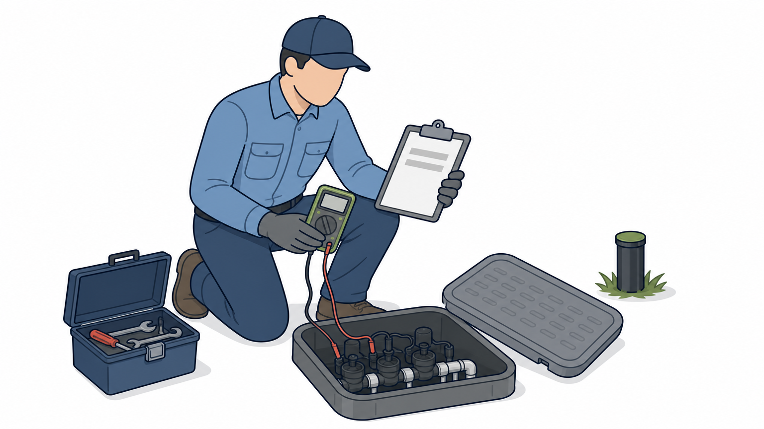 A technician inspects an open irrigation valve box in a lawn while holding a clipboard.