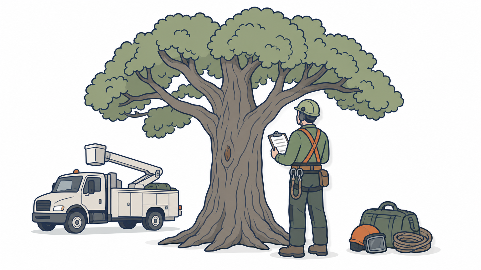 An arborist examines a large oak tree's trunk while holding a clipboard near a work truck.