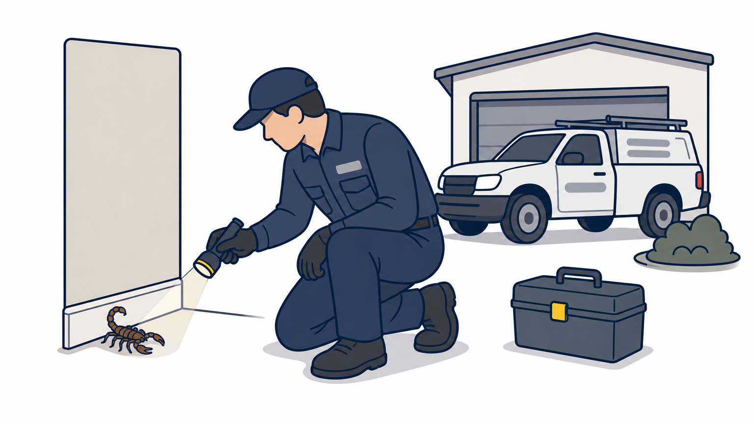 A uniformed technician crouches near a garage baseboard checking for a scorpion with a flashlight.