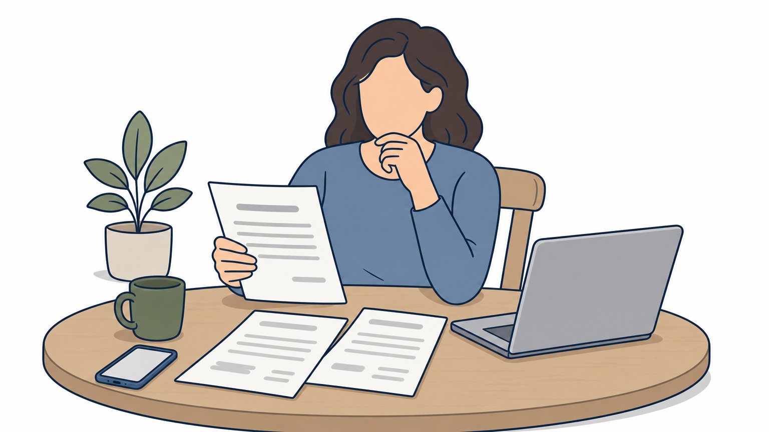 A homeowner reviews printed quotes and a laptop while comparing local light installers.