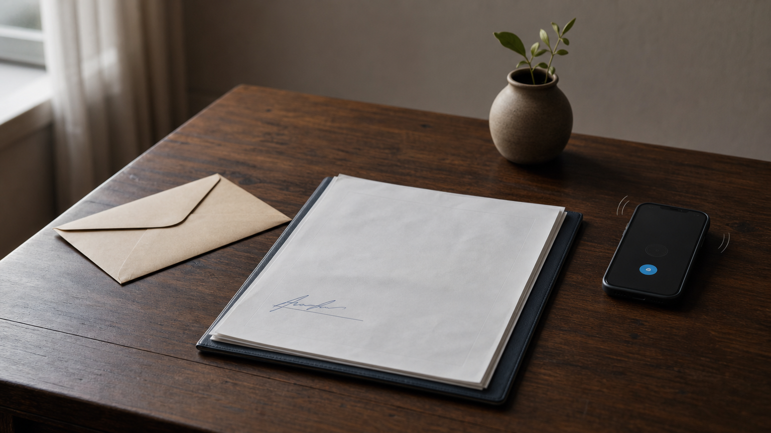 A desk showing a signed retainer, an outgoing creditor letter, and an unanswered ringing phone.