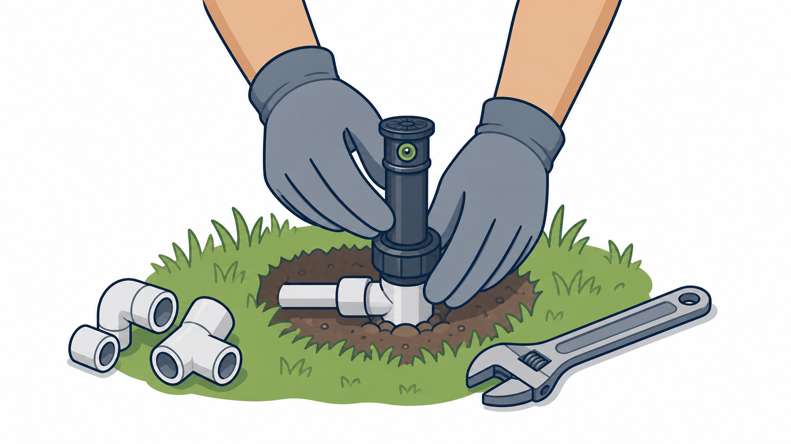 Close-up of hands installing a new sprinkler head in grass with PVC fittings and a wrench nearby.