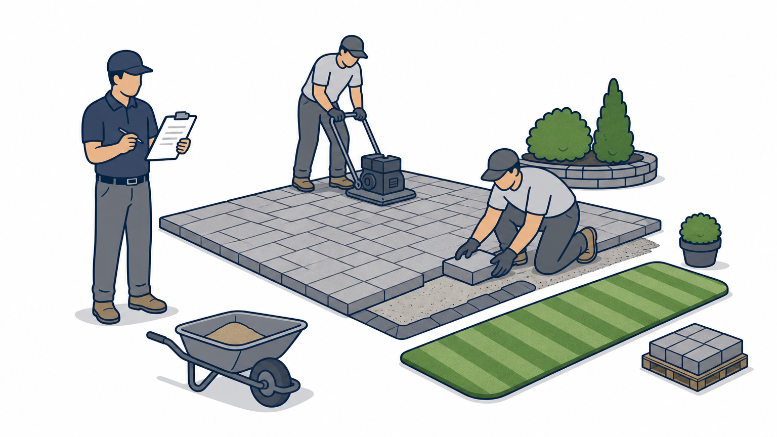 A landscaping crew builds a paver patio next to a manicured lawn while a manager reviews plans.