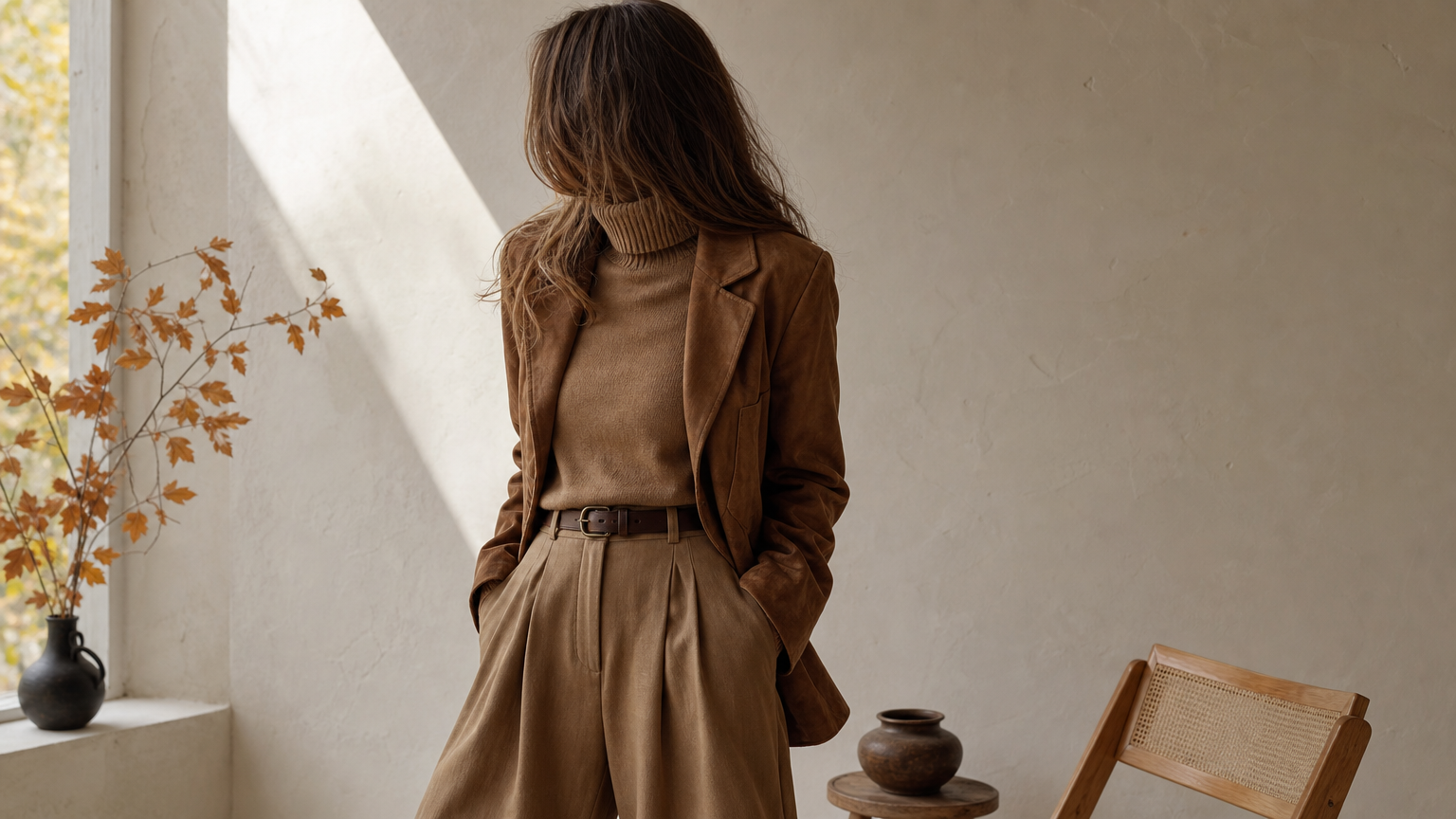 A woman in a monochromatic caramel and brown outfit with a suede jacket.