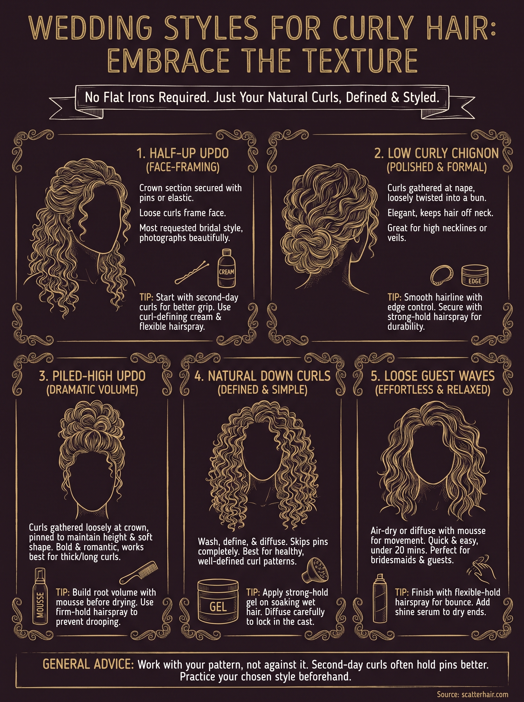 how to style curly hair for a wedding infographic