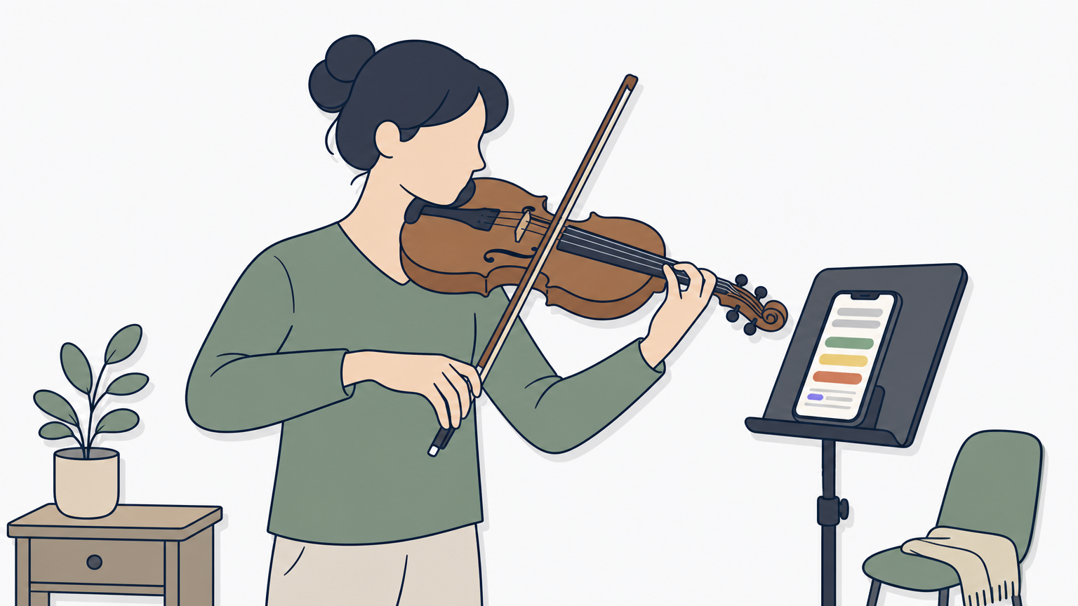 Violinist practicing with a smartphone on a music stand displaying live pitch and rhythm feedback.