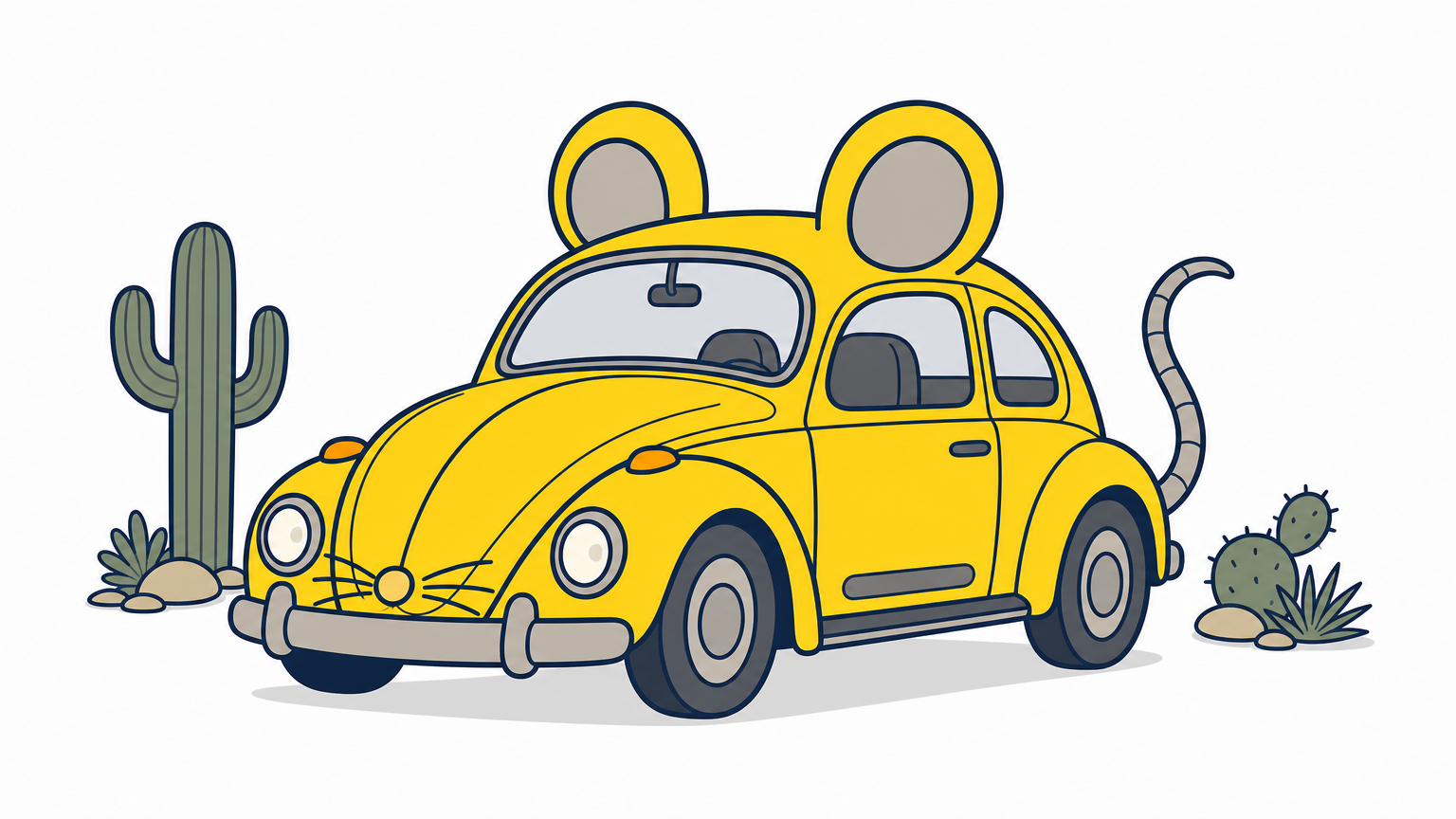 A yellow Volkswagen Beetle styled like a mouse parked on a desert road lined with cacti.